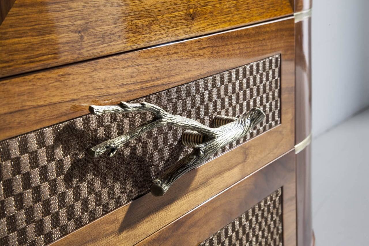 Marquetry drawer front with a cast bronze handle